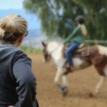 Riding instructor watching a helmeted rider on horseback in an outdoor arena