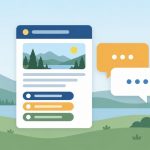 Illustration of a camp listing card with a lake photo and three labels, beside two speech bubbles, with mountains, pine trees, and a cabin behind.