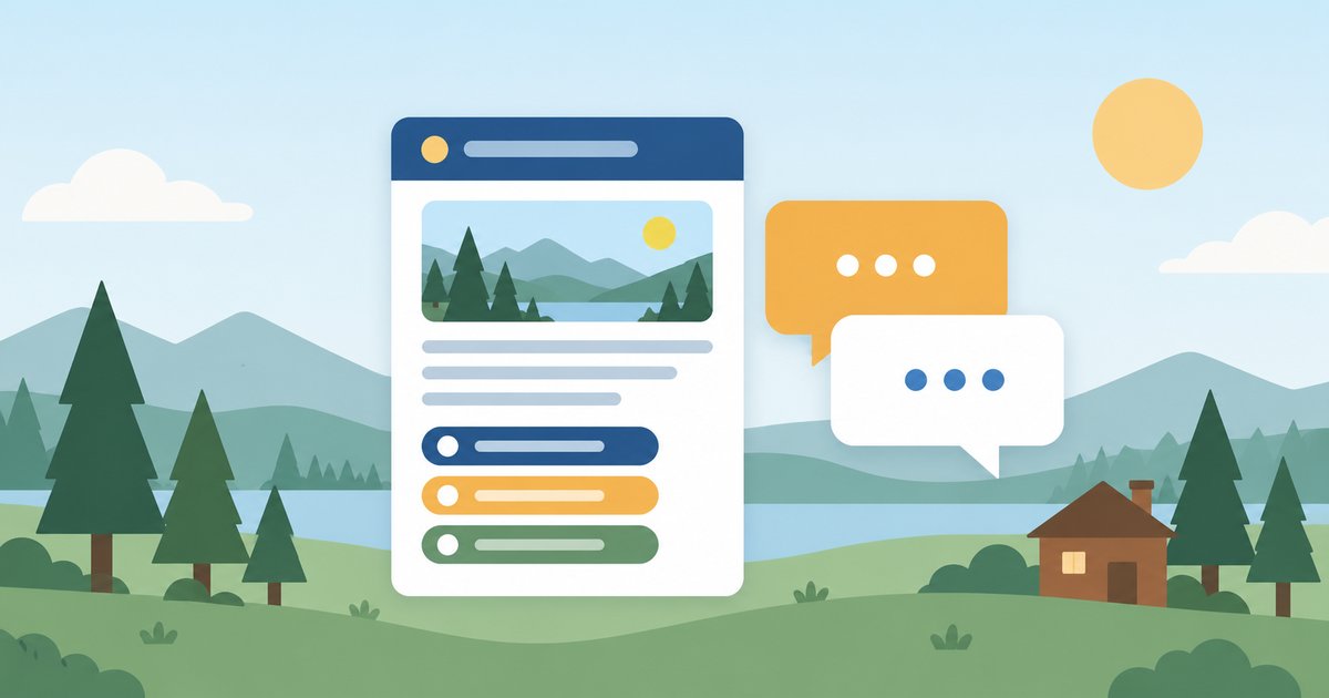 Illustration of a camp listing card with a lake photo and three labels, beside two speech bubbles, with mountains, pine trees, and a cabin behind.