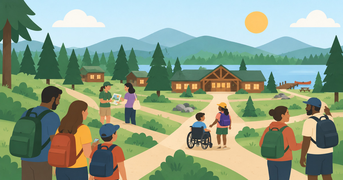 Illustration of families following paths toward a lakeside summer camp, including a child using a wheelchair, someone checking a phone, two adults sharing a brochure, and others talking.